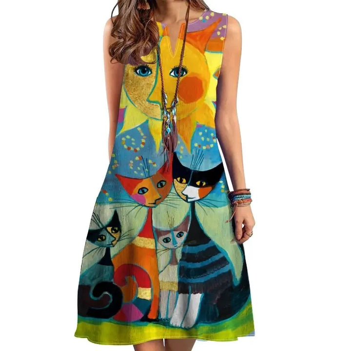 Azema- Sleeveless V-neck  Printed Dress