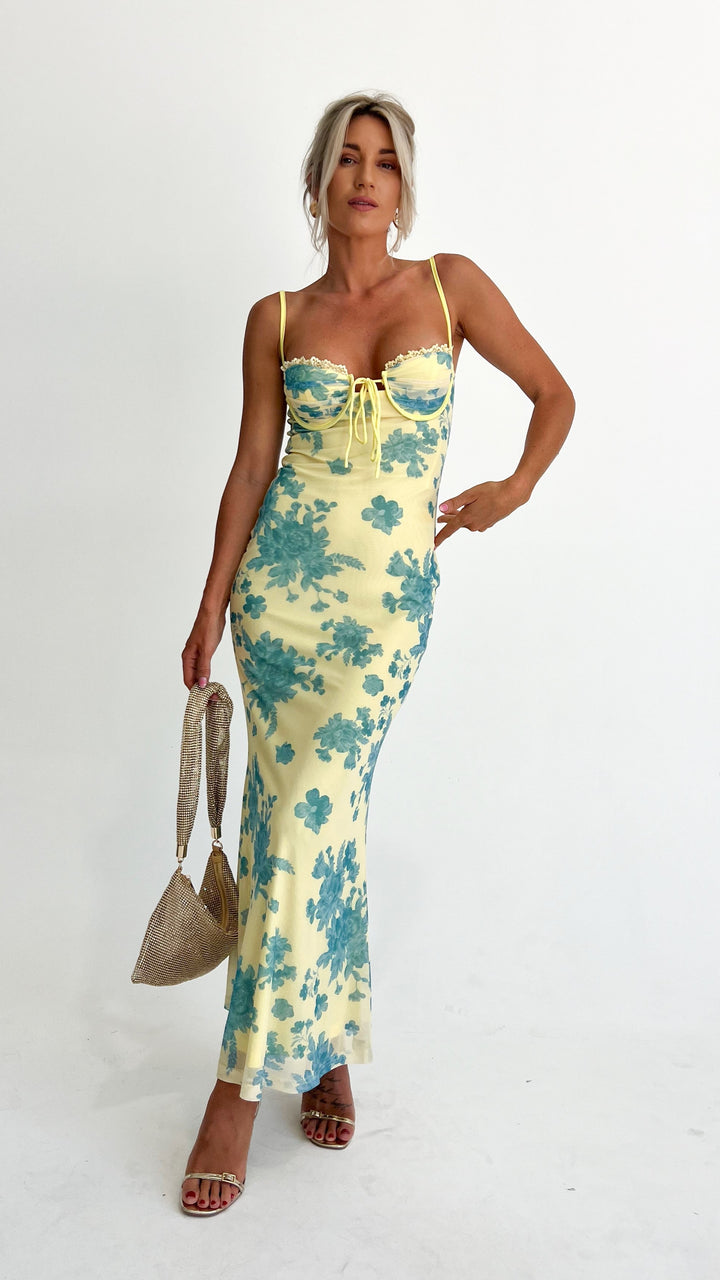 Electra Maxi Dress - Yellow/Blue Floral